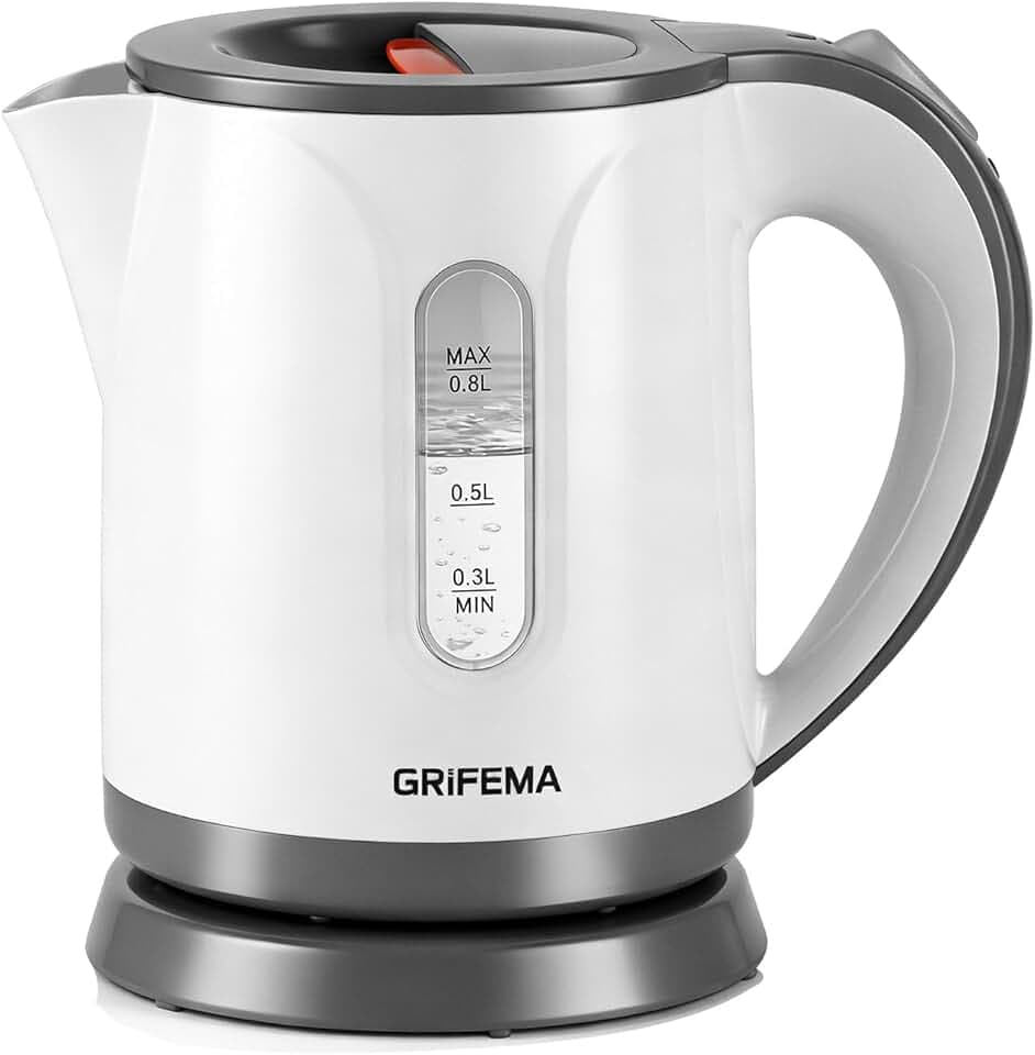 GRIFEMA GC1001 Bouilloire Électrique 0,8L/1100W Puissance Ébullition Chauffage Rapide, Filtre Anti-Calcaire Amovible et Lavable, Niveau d'Eau Visible et Arrêt Automatique, Socle sans Fil pour Ranger Global Recycled Standard