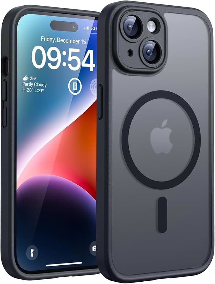 TOCOL Coque Magnétique pour iPhone 14 6,1 Pouces, Compatible avec MagSafe, Protection de l'objectif améliorée, Coque Mat Translucide Fine Antichoc, Noir Global Recycled Standard