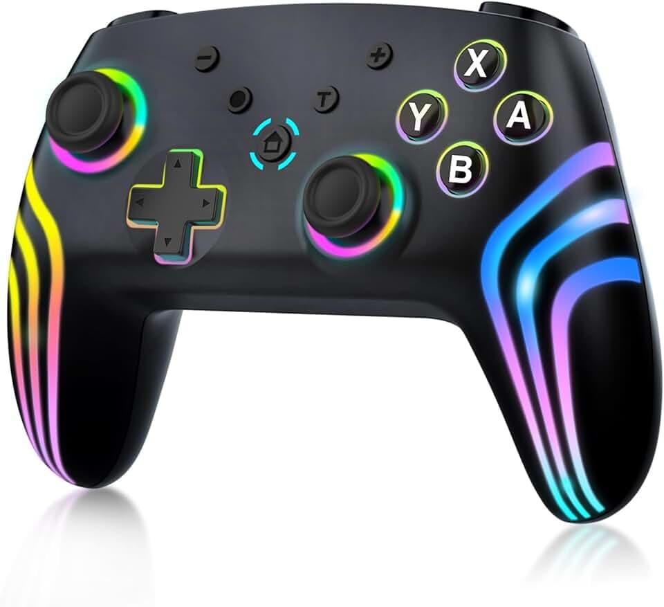 MYSTILUCK Manette Sans Fil Pro pour Switch/Switch 2/Lite/OLED/PC, Contrôleur avec 7 Couleurs d'éclairage RGB Changeantes/Déclencheurs Effect Hall/Double Vibration/Turbo, Joystick Ergonomique et Précis