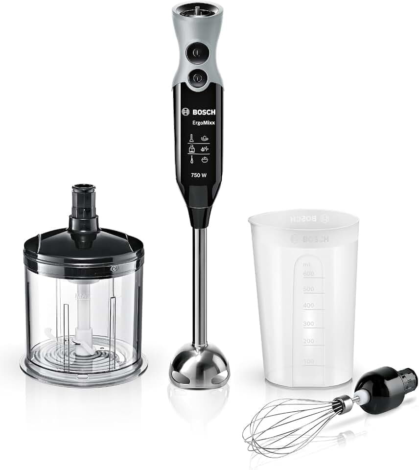 Bosch Mixeur plongeant ErgoMixx, moteur 600 W, 12 vitesses et fonction turbo, hachoir XL, fouet, gobelet doseur, noir, MSM67160