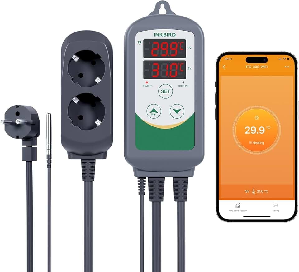 Inkbird WiFi Prise Thermostat Connectée pour Chauffage Refroidissement, ITC-308-WIFI Regulateur de Temperature avec Contrôle APP et Sonde pour Terrarium,Couveuse,Brassage