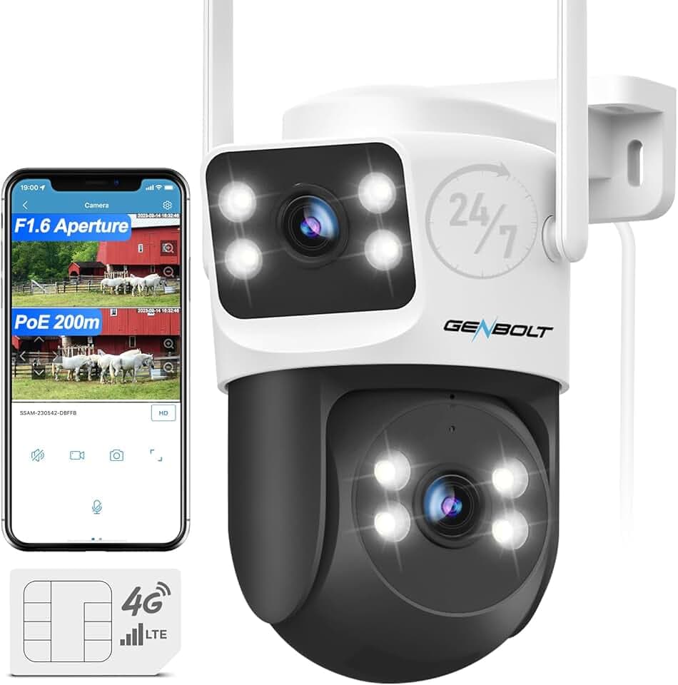 GENBOLT 4G LTE Caméra Surveillance Extérieure avec Carte Sim, Double Objectif PoE CCTV Caméra sans WiFi, Filaire 24/7 Enregistrement PTZ IP Camér avec Détection Humaine Suivi Auto Certifié ClimatePartner
