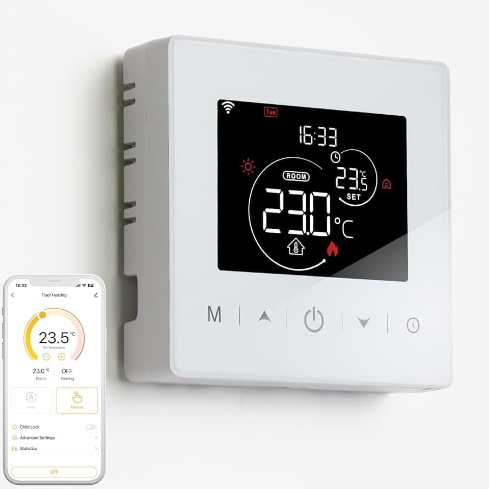 Thermostat Connecté WiFi,Thermostat Chaudière Gaz à Pile,Thermostats 2 Fils,Thermostats d'ambiance Programmable Quotidienne,Compatible avec Alexa et Google Home, Voix et Télécommande,3A,Murale