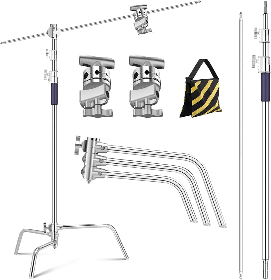 K&F CONCEPT 330CM Support en C en Acier Inoxydable Robuste avec Bras de Perche, trépied de lumière de Photographie réglable avec Bras de Maintien de 126cm, 2 têtes de poignée pour Studio, Charge 20KG Global Recycled Standard