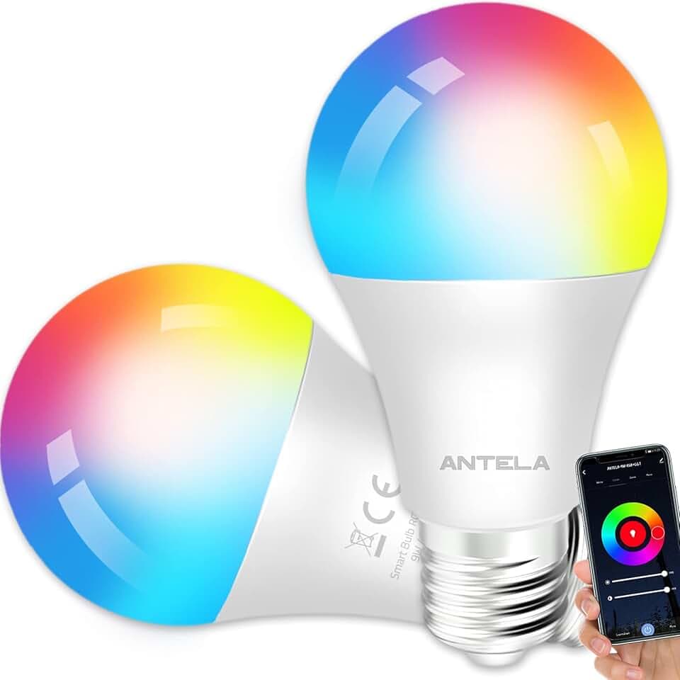 ANTELA Ampoule Connectée Wifi E27 LED Multicouleurs RGB + CCT 2700K-6500K, Compatible Avec Alexa/Google Home, Ampoule Intelligente Pas Besoin de Hub, 2 PCS