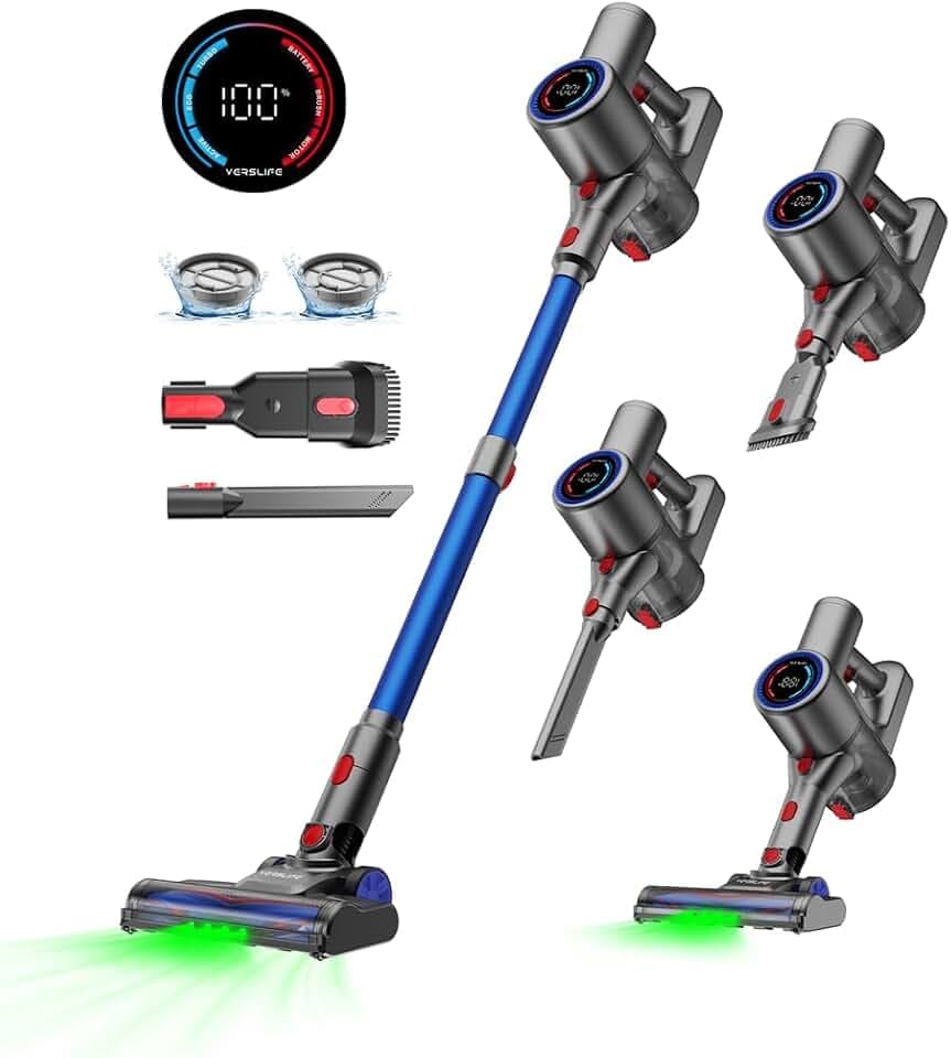 VersLife Z8 Aspirateur Balai sans Fil, 40Kpa/45Min/500W/6 en 1 Aspirateur Balai Léger avec LED Verte, Écran LED, Autoportant pour Poils d'animaux, sols Durs et Moquettes (Bleu foncé)