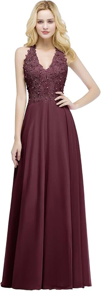 Misshow Robe Femme Longue Demoiselle d'honneur avec Dentelle Florale Vintage Maxi pour Cérémonie