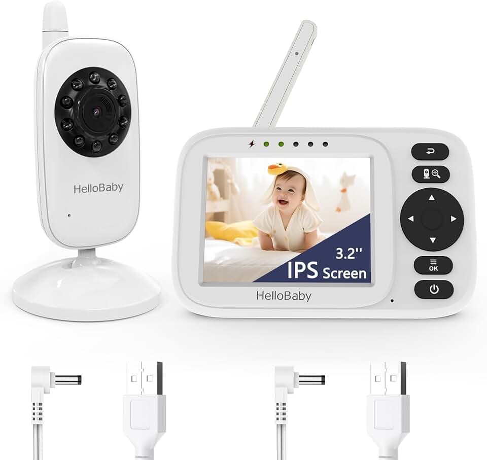 HelloBaby Babyphone Caméra sans WiFi, Caméra Surveillance Bébé 3,2'' IPS, Caméra de Surveillance bébé, Vision Nocturne, Mode ECO/VOX, Portée Étendue 305m, 2 Câbles USB, HB2438