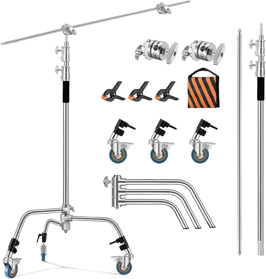 Soonpho Support C 3m en acier inoxydable robuste avec trépied à échelle de 330 cm et bras de support de 130 cm, kit à 4 têtes réglables, trépied pour éclairage, pour boîte à lumière, studio photo