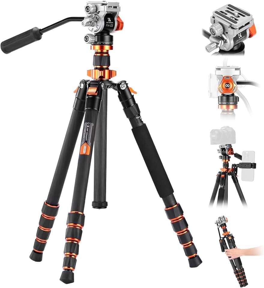 K&F Concept Trépied Appareil Photo en Fibre de Carbone 173cm, Trépied Vidéo avec Tête Fluide Inclinaison à 90°/-90°, Trepied Monopode 182cm, Compatible Arca Swiss pour Reflex DSLR Charge:5kg Global Recycled Standard