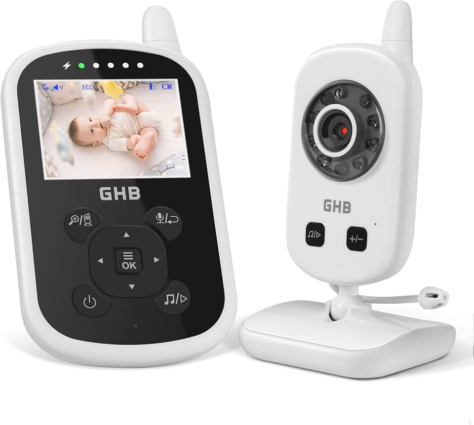 GHB Babyphone Caméra Bébé Moniteur 2,4 inches LCD Babyphone Vidéo Bébé Surveillance 2,4 GHz Capteur de Température Communication Bidirectionnelle Vision Nocturne