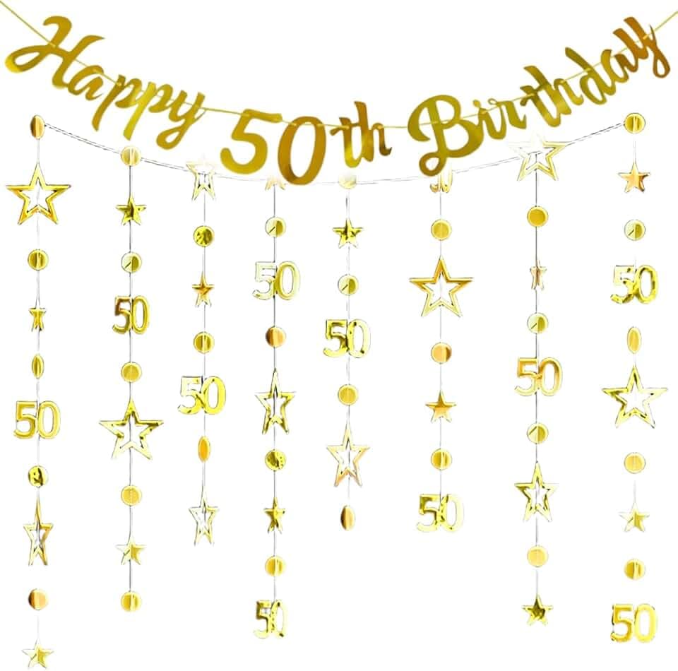 DEFGNOP Decoration Anniversaire 50 ans, Joyeux Anniversaire Banderole Dorée, Design Personnalisé, Décorations Et Fournitures De Fête D'anniversaire, Occasion Spéciale