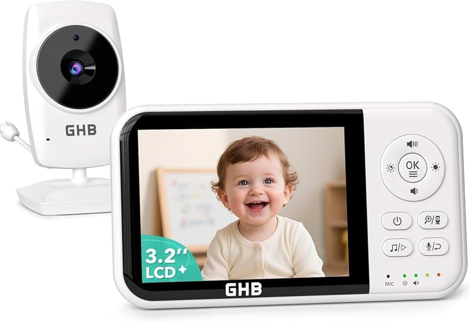 GHB Babyphone Caméra Bébé Surveillance 3,2 inches LCD Batterie 2100mAh Capteur de Température Vision Nocturne 2X Zoom Audio Bidirectionnel