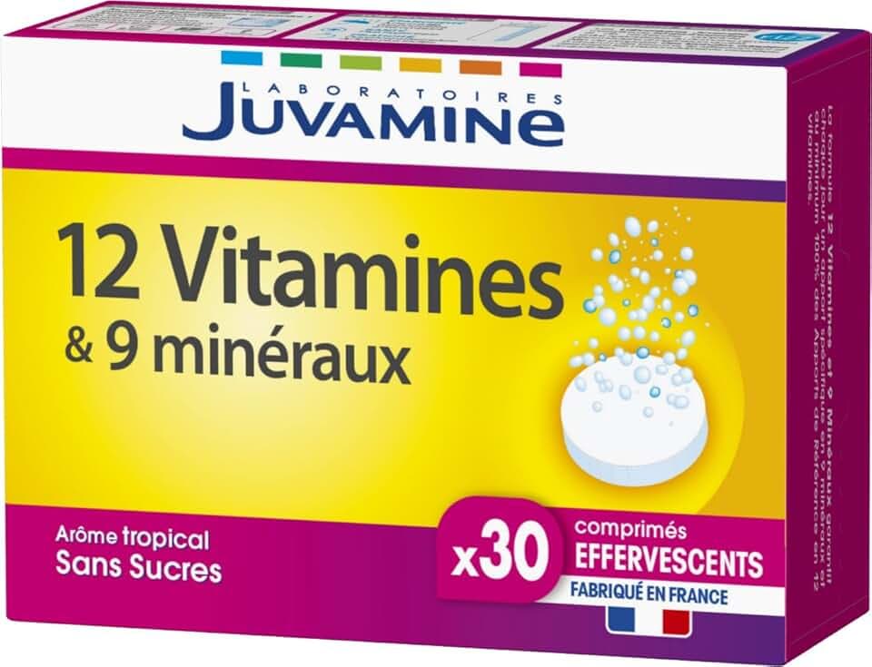 Juvamine - 12 Vitamines & 9 Minéraux Effervescents - Fatigue, Stress, Métabolisme Énergétique, Immunité - 30 Comprimés Arôme Tropical - Fabriqué en France