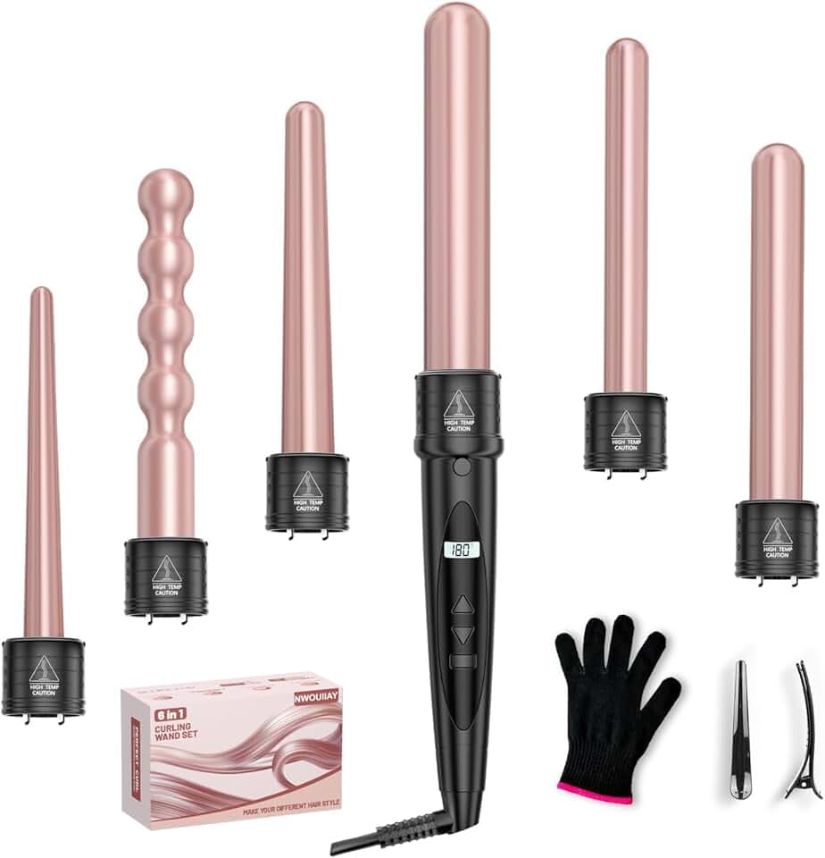 6 en 1 Fer à Boucler Cheveux en Céramique Chauffage Rapide Fer à Friser avec LCD Écran Température Réglable Ensemble de Grandes et Petites Boucles et Gant Anti-brûlure