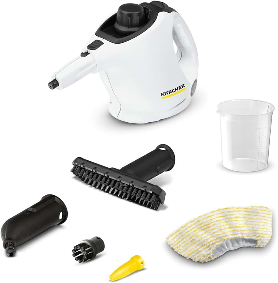 Kärcher Nettoyeur Vapeur SC 1, Pression Vapeur : 3 Bar, Temps de Préchauffage : 3 Min, Puissance : 1 200 W, Surface : 20 m², Réservoir : 200 ML, avec Buse à Main, Jet Crayon & Powerbuse, Brosse Ronde