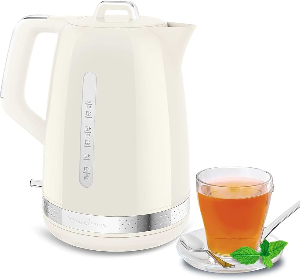 Moulinex Bouilloire électrique, 1,7 L, Design vintage ivoire, Base pivotante à 360°, 2 400 W ébullition rapide, Arrêt automatique, Indicateurs niveau d’eau, Filtre anti-calcaire, Soleil BY320A10