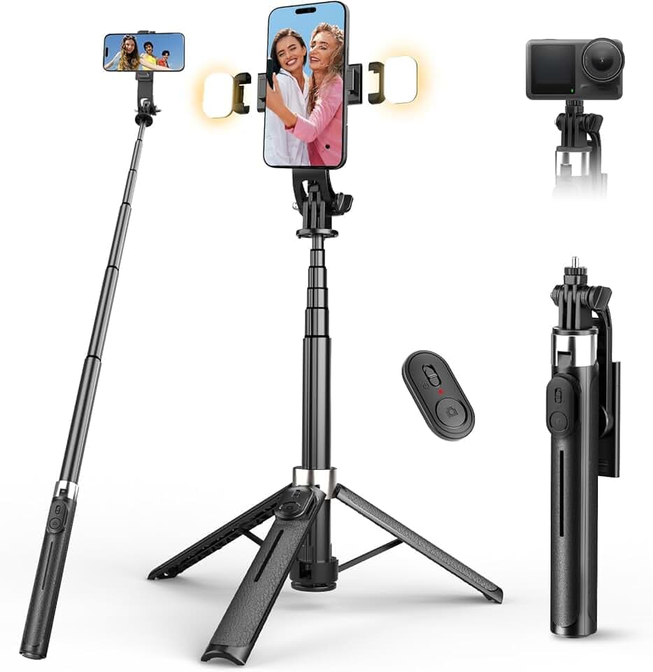 110cm Perche à Selfie avec Trépied et Lumière, Trepied Smartphone avec Télécommande, Trépied Téléphone Portable Télescopique - Compatible iPhone, Samsung, Android, Caméra