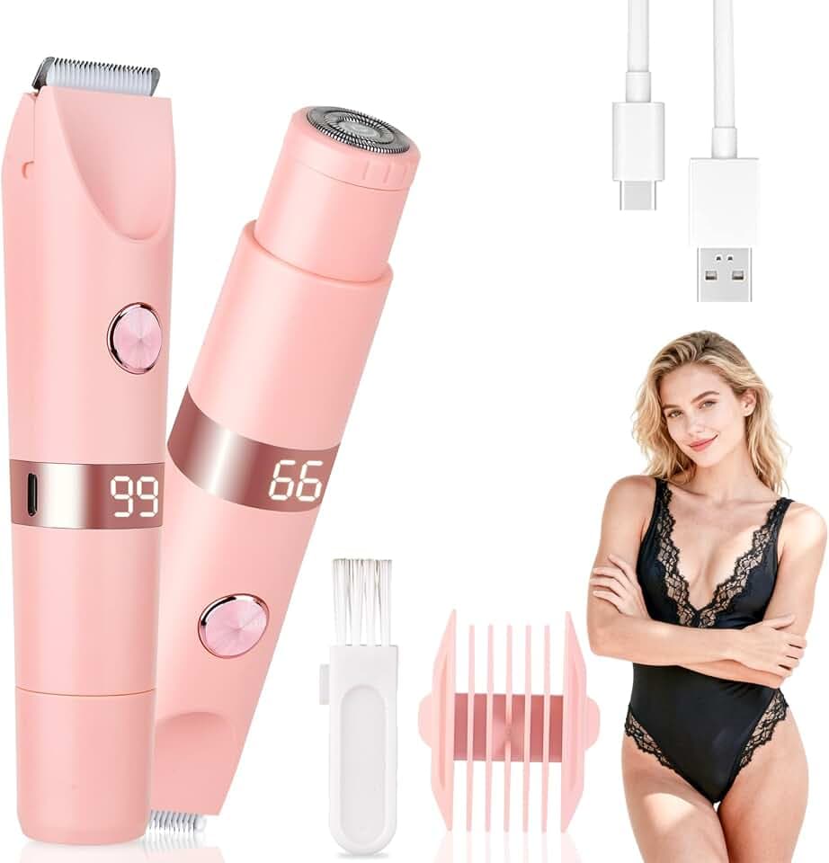 Épilateur Bikini Femme Étanche IPX7, Rasoir Électrique Double Tête 2 en 1 avec Écran LED, Rechargeable par USB, Épilation Douce et Indolore pour Bikini, Visage, Aisselles et Jambes