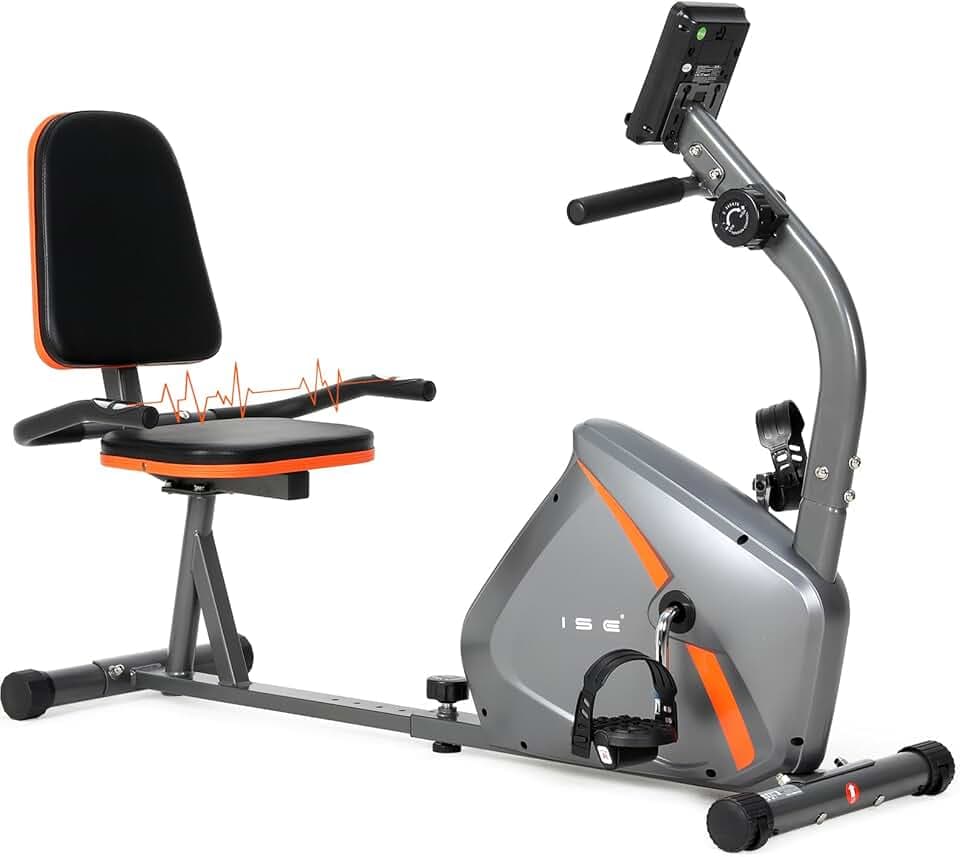 ISE Vélo d'Appartement Semi-Allongé Vélo Couché avec Frein Magnétique, Roues de Transport, Capteurs d'Impulsion, l'Ecran LCD, 8 Niveaux de Résistance Réglables, Velo d appartement Semi Allongé