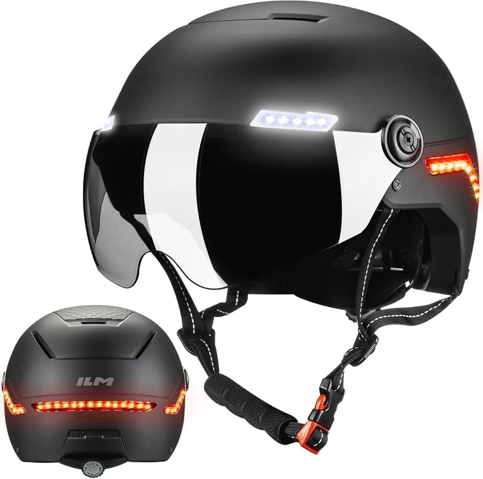 ILM Casque Velo Homme Femme Trotinette Electrique Adulte avec Visiere Lumiere LED Clignotant & Feu Stop Homologué NTA-8776, CPSC, CE Modèle MB101L
