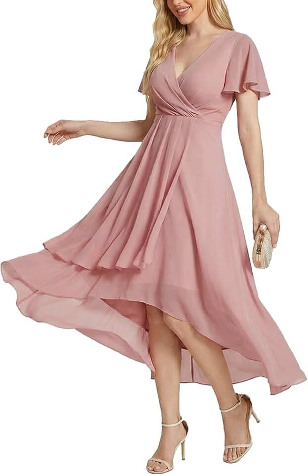 Ever-Pretty Robe D'Invité Jupe Trapèze Col en V Manches Volantées Robe Femme Chic Et Elegant Belle Robe Soirée EG02084