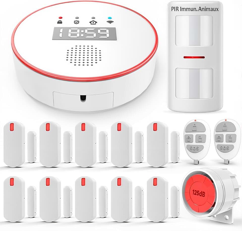 YISEELE Alarme Maison sans Fil: Connexion Wi-FI 5 GHz - Complet Sirène 125dB - Capteur Infrarouge (PIR) Anti-Animaux - 10 Capteurs Porte/Fenêtre - 2 Télécommandes - Hub - Compatible Alexa & Google Global Recycled Standard