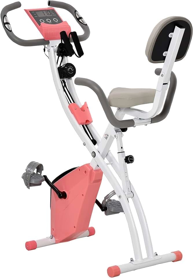 HOMCOM Vélo d'Appartement Pliable 4-en-1 - Ergomètre Magnétique Silencieux avec Cordes de Résistance - Sport Maison et Cardio-training avec Roulettes, Selle Confort et LCD (Max 120kg)