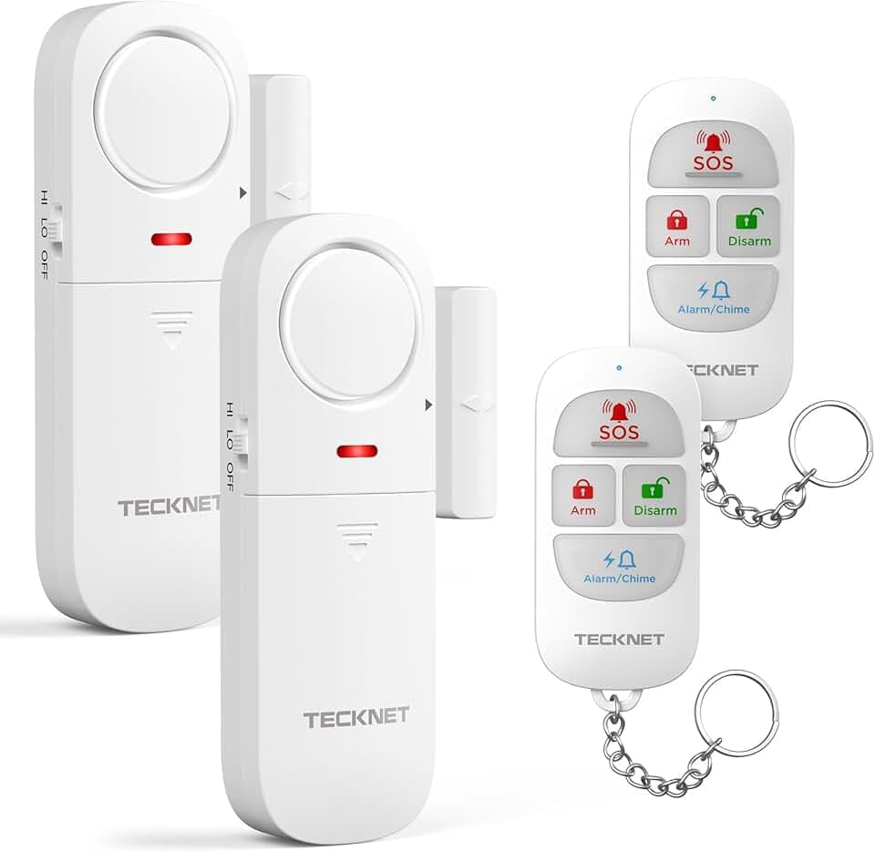 TECKNET Alarme Maison sans Fil, Alarme Porte avec Télécommande, Window and Door Alarm Sensor avec 4 Modes D'alarme, Facile à Installe, Détecteur Ouverture Porte pour Maison、Hôtel、Garage、Fenêtres Global Recycled Standard