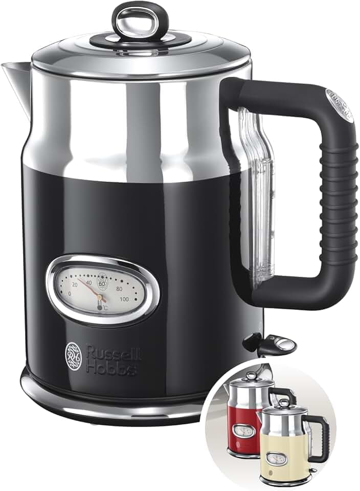 Russell Hobbs Bouilloire Electrique (Design Vintage Premium) Retro Noire (1,7L, 2400W, Ebullition Rapide, Jauge Température Rétro,Marqueurs 1-2-3 tasses,Ecoulement,Couvercle Amovible) 21671-70