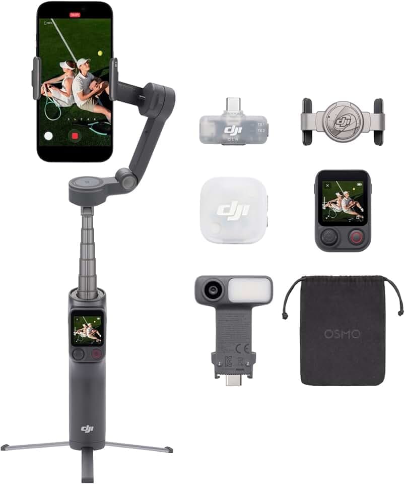 Osmo Mobile 8P + émetteur Mic Mini 2, nacelle stabilisatrice pour iPhone et Android, Microphone sans Fil, Audio Riche en détails, DJI OsmoAudio, réduction Active du Bruit, stabilisation sur 3 Axes