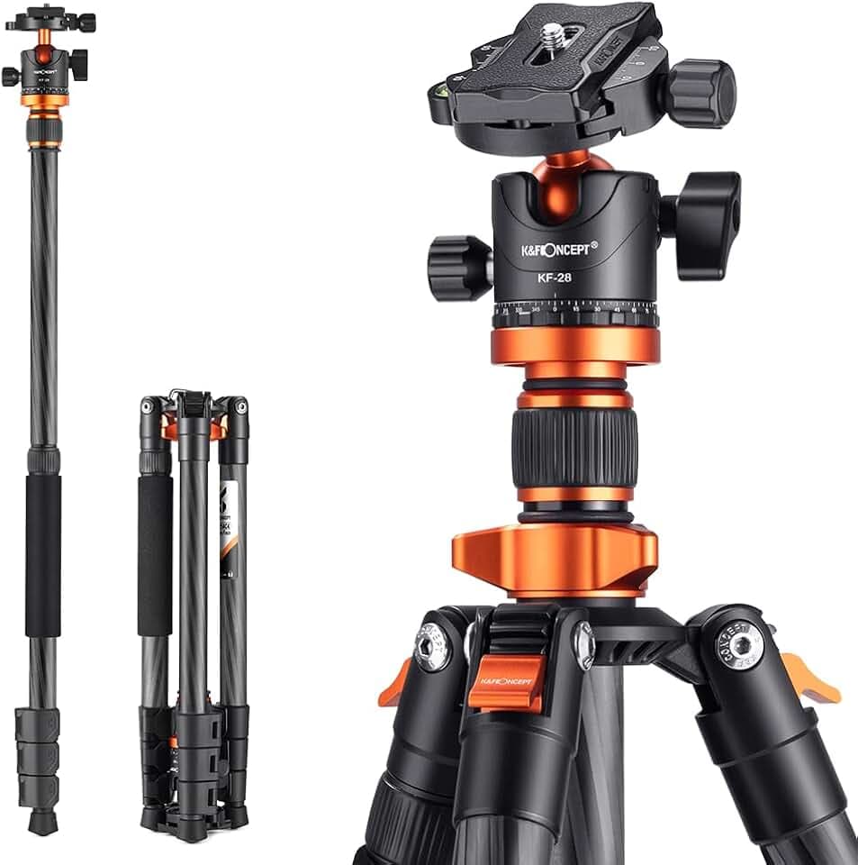 K&F Concept Trepied Carbone Monopode Appareil Photo 160cm, Trépied Professionel Compact SA254C4 pour DSLR, Trepied Voyage Leger 4 Sections avec Rotule Metal Sac Transport Inclus Max:10kg Global Recycled Standard
