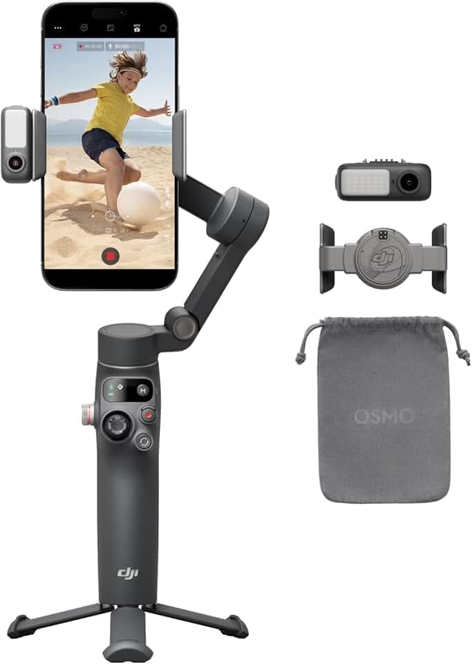 DJI Osmo Mobile 7P pour iPhone, Stabilisateur Nacelle, Android, Suivi natif, Éclairage, Nacelle pour téléphone à 3 axes, Lancement rapide, Édition en un seul clic,Barre d’extension et trépied intégrés