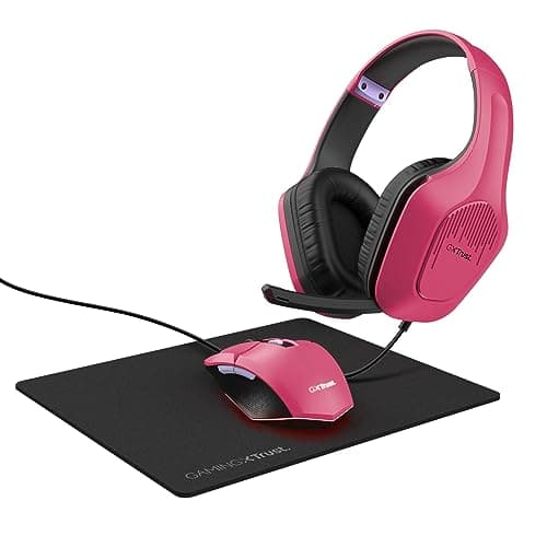 Trust Gaming GXT 790P Tridox Pack PC Gamer 3-en-1 - Casque Léger avec Transducteurs 50 mm, Audio Jack 3.5 mm, Souris Gamer Filaire 200-6400 DPI, Tapis de Souris, Kit PC, Ordinateur Portable - Rose
