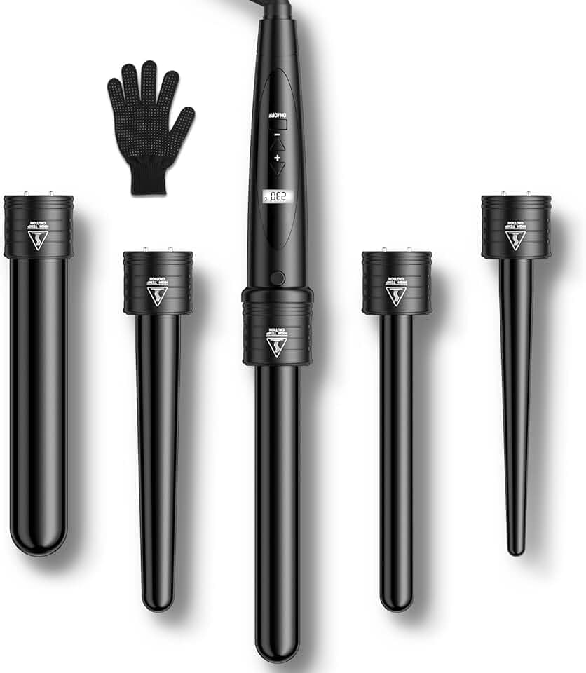 ELEHOT-Store Fer à Boucler Boucleur Céramique Fer à Friser 5 en 1 avec LCD Écran Multifonction Interchangeable boucleur a cheveux avec Gant ET-W301