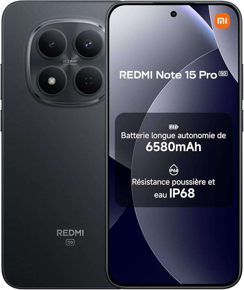 Xiaomi Redmi Note 15 Pro 5G, Smartphone 8+512 Go, Batterie Massive de 6580 mAh, IP66/IP68, Nouvel Appareil Photo 200 MP, écran AMOLED 1.5K de 6,83 Pouces, Noir, Garantie 2 Ans, Chargeur Non Inclus