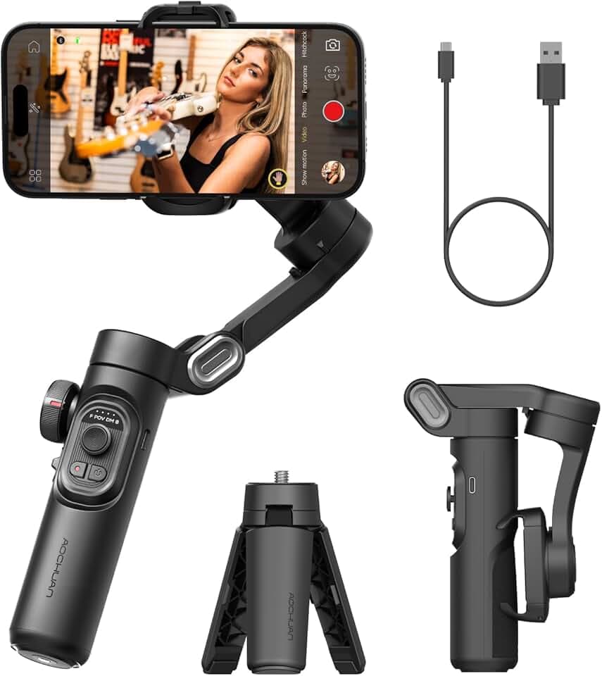 AOCHUAN Stabilisateur de téléphone 3 Axes pour Smartphone Pliable avec molette de Mise au Point TikTok Youtube Vlog pour iPhone16 15 14 13 12 Pro Max Android - Smart XE