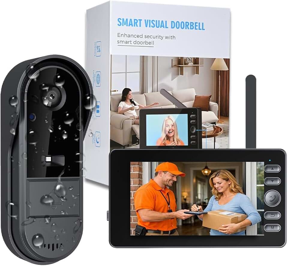 Sonnette Sans Fil Exterieur Etanche 1080P avec Camera Écran IPS 4.3 Pouces Bluetooth Sans WiFi Vision Nocturne Interphone Video Sans Fil Portier Video 120° Audio Bidirectionnel IP65 Sonnette Sans Fil