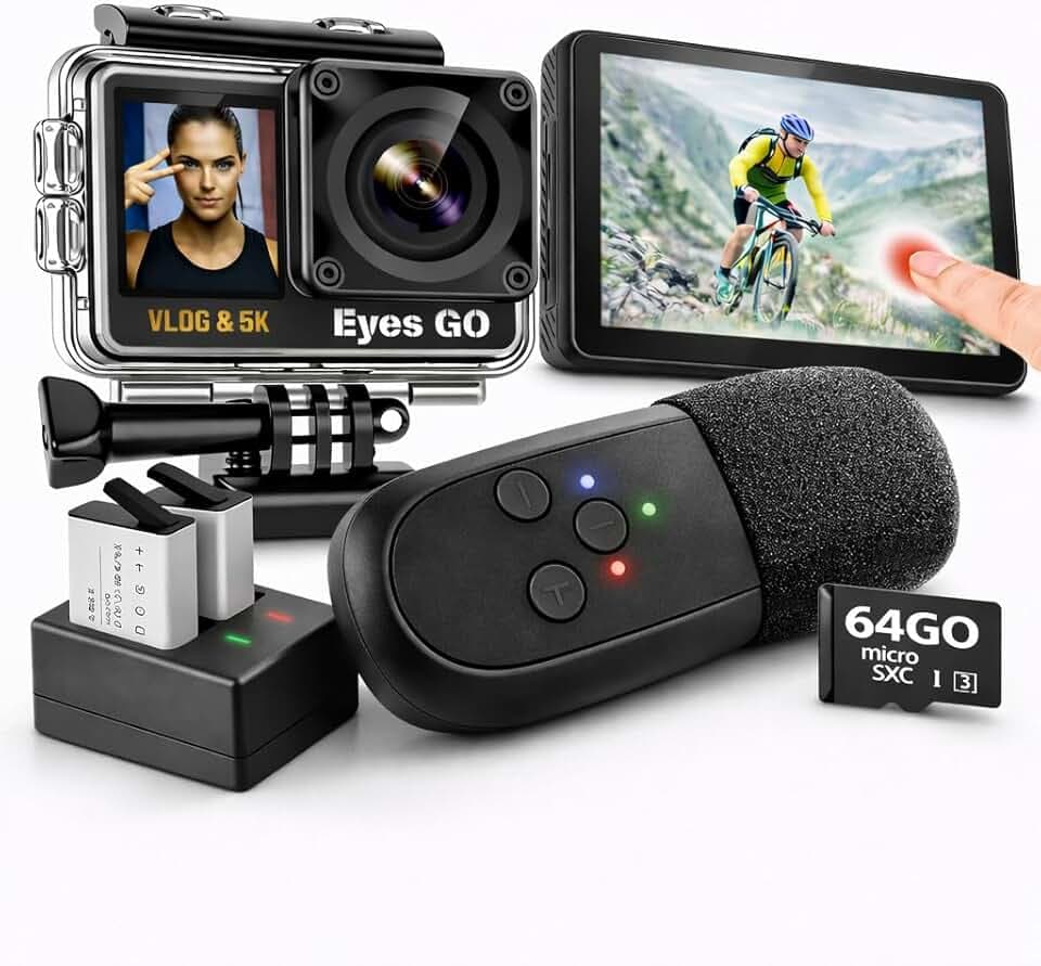 5K26 - Caméra Sport 5K30fps 4K60FPS 120FPS - 31 Accessoires - Photo 50MP - 2 Ecrans Tactile Vlog - Télécommande Micro 360° - Stabilisateur E.I.S 2.0 Étanche 30M - Carte SDXC 64GO - 2X1350mAh