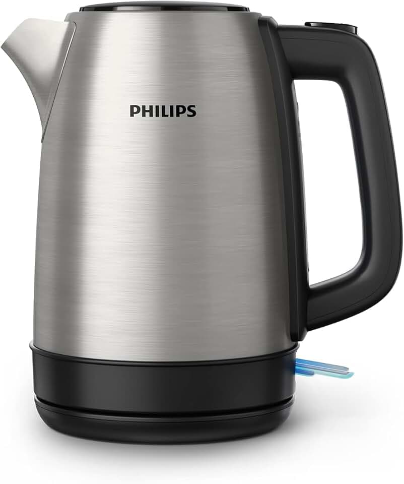 Philips Collection Daily Bouilloire Électrique en Inox - Capacité 1,7L, Résistance Plate pour Ébullition Rapide, Tamis Anti-Calcaire, Base 360° Sans Fil, Couvercle à Ressort (HD9350/90)