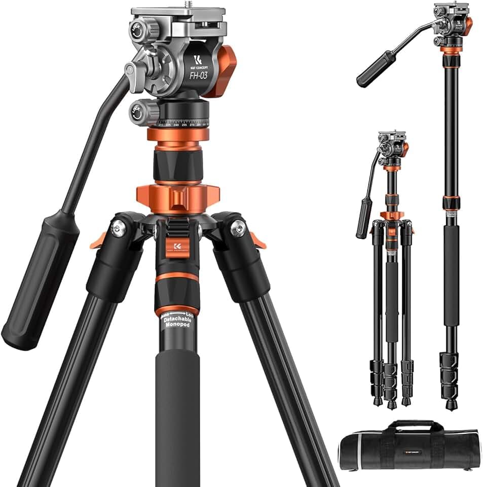 K&F CONCEPT Trepied Appareil Photo 200cm, Trépied Video avec Tête Fluide pour Panoramique et Inclinaison, Trépied Camera avec Monopode, Compatible Arca Swiss pour Reflex DSLR Charge:5kg Global Recycled Standard