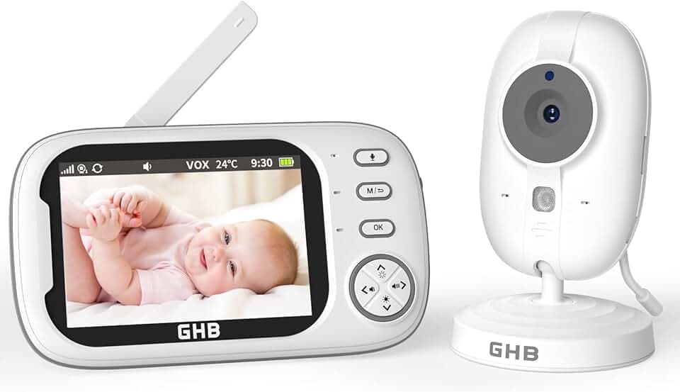 GHB Babyphone Camera Écran LCD 3,5 inches Camera Surveillance Bebe 4X Zoom 8 Berceuses sans WiFi 2,4 GHz Surveillance de Température Vision Nocturne