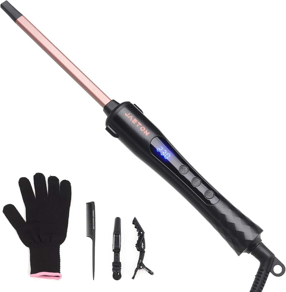 Fer à friser fin 9 mm, boucles serrées, écran LCD 100-230 °C, céramique tourmaline chauffe 30 s, pince pro pour cheveux longs et courts (rose)