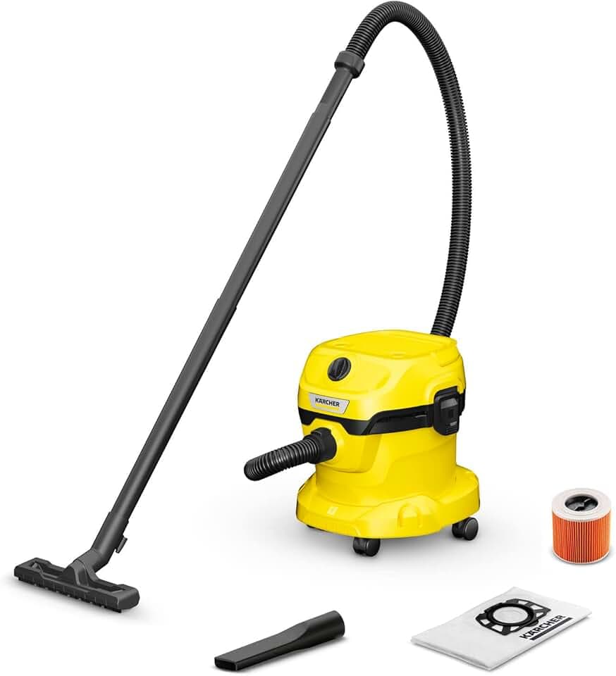KÄRCHER 1.628-009.0 Aspirateur Eau et Poussières WD 2 Plus V-12/4/18/C, avec Filtre Cartouche, Sachet Filtre Ouate, 1000 W, Cuve PVC : 12 l, Tube d'Aspiration : 1,8 m, Suceur Sol/Fentes, Jaune