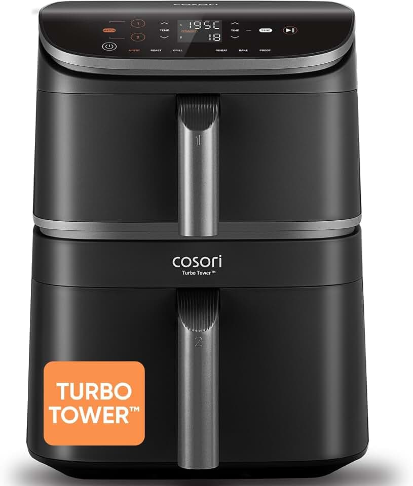 COSORI Air Fryer Turbo Tower 10,8L, Friteuse Sans Huile à 2 Tiroirs, 3 Niveaux Cuisson,6-en-1,Design compact et Empilable,41 Pour Cent Moins Large que les Double Airfryer Traditionneles,20+ Recettes