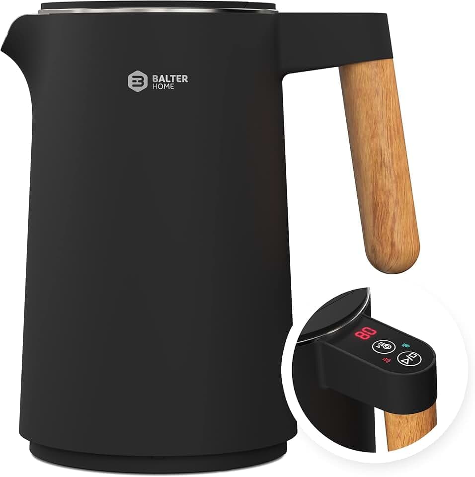 BALTER Bouilloire Electrique temperature reglable, Bouilloire inox, 45 °C - 100 °C, double paroi, sans BPA, garde la chaleur, bouilloire avec affichage de la température, 1,5 L, noire