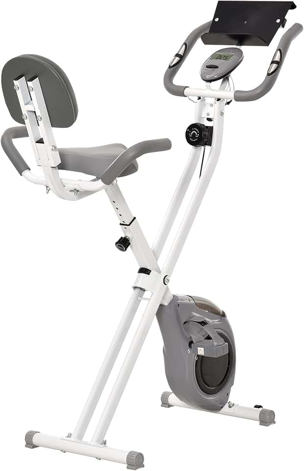 HOMCOM Vélo d'appartement magnetique pliable vélo de fitness vélo d'intérieurgrand confort dossier selle réglable poignées écran LCD multifonction support tablette acier blanc gris