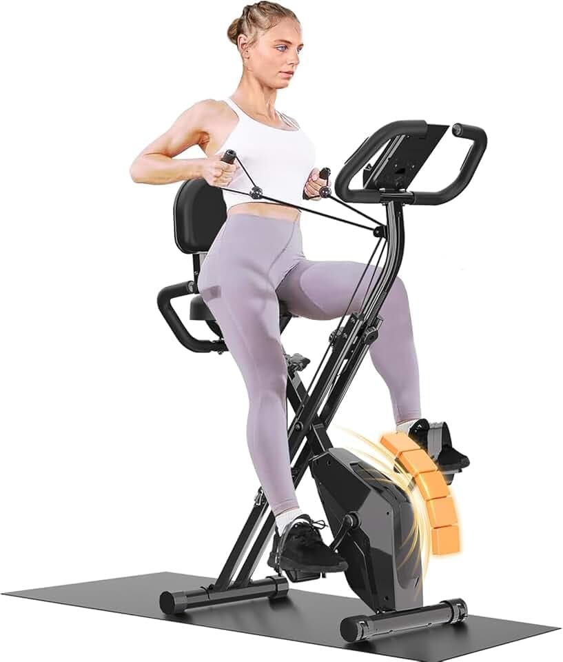 Dskeuzeew Vélo d'appartement pliable 4 en 1 magnétique avec écran LCD et capteur de fréquence cardiaque avec bandes de résistance pour entraînement à domicile