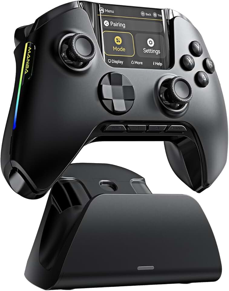 FIEHDUW NO DRIFT ManbaOne Manette de Jeu Interactive avec Écran pour PC/Switch/Switch 2/iOS/Android, Manette à Effet Hall 1800mAh avec LED, Boutons de Mapping, Station de Chargement (Noir)