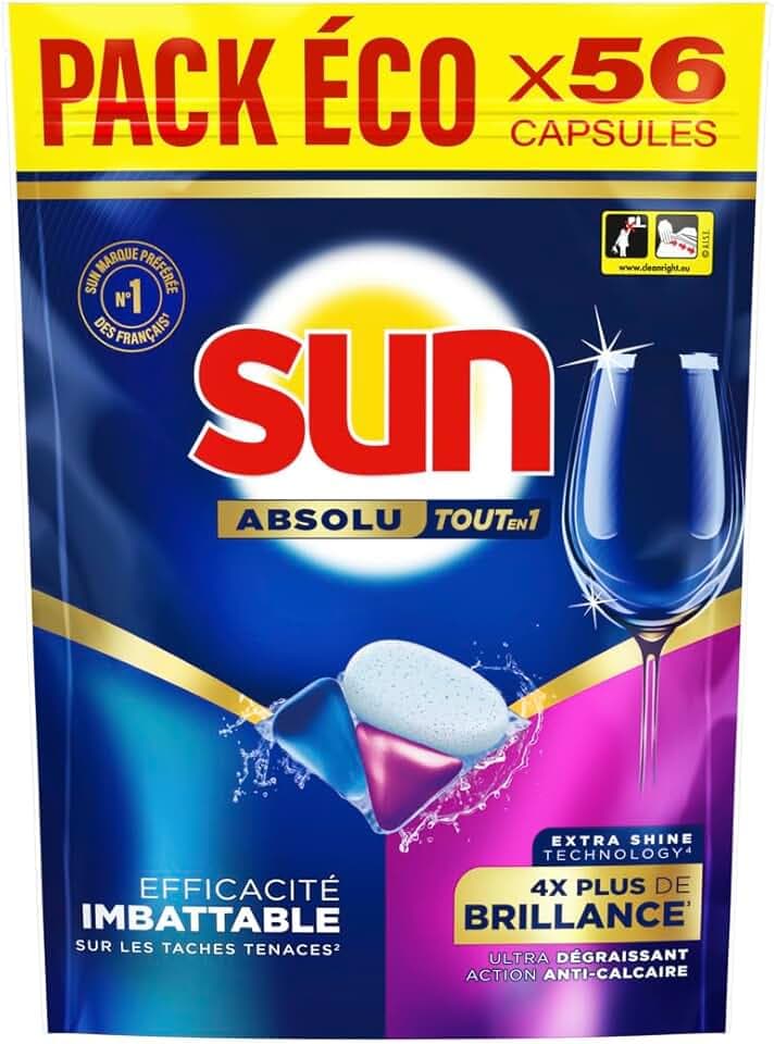Sun Pastilles Lave-Vaisselle Absolu Tout-en-1 Brillance - 56 capsules - tablettes imbattables sur les taches tenaces - 4x plus d'éclat